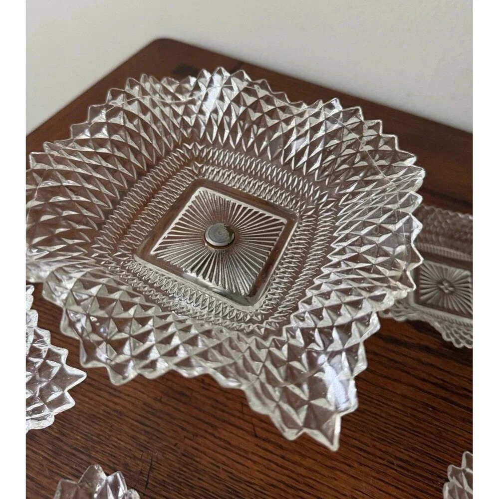 Vintage Clear Diamond Square Glass 5 Candy Dishes with Silver Pedestal